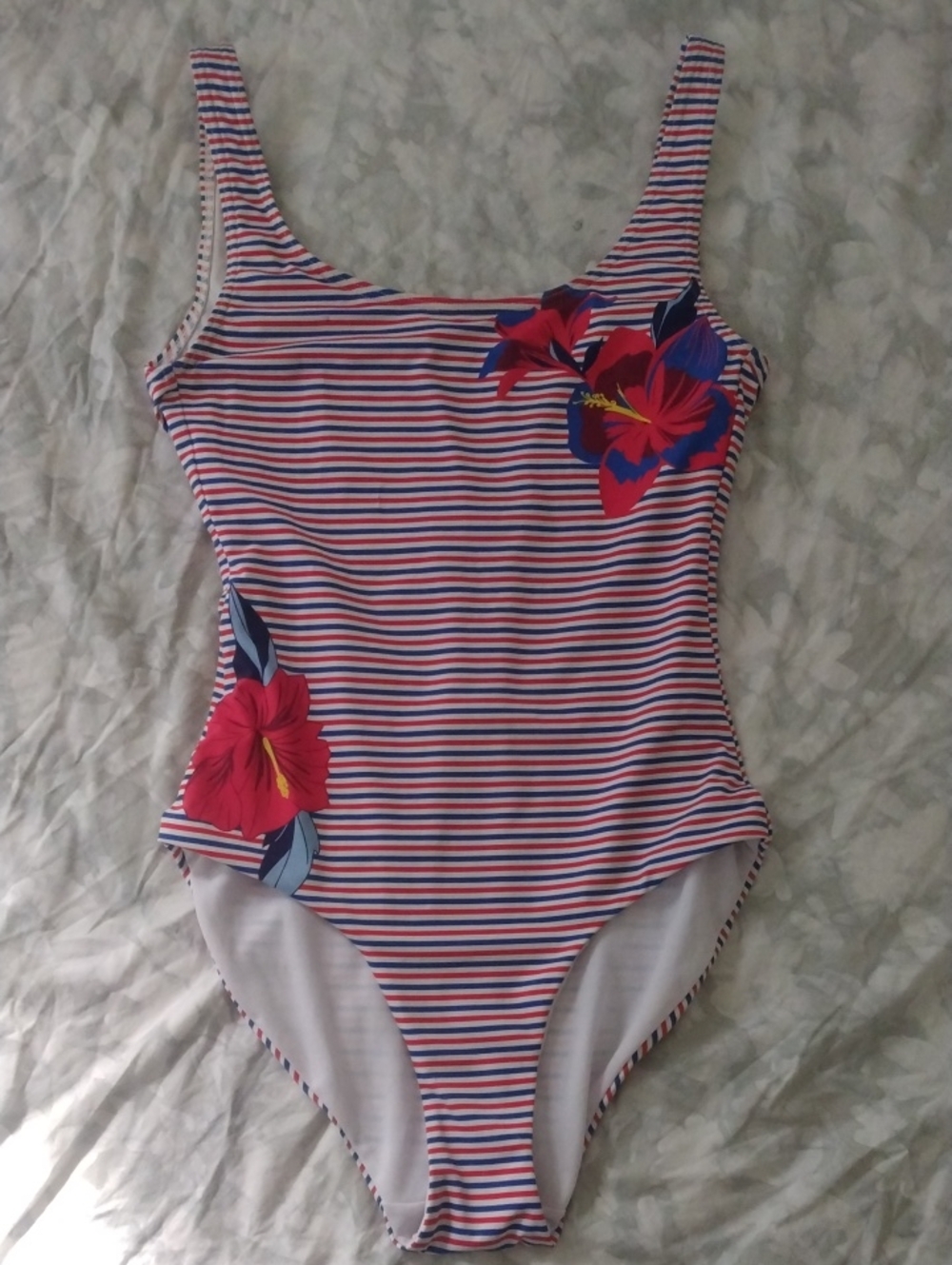 One-Piece Swimsuit - Red, White & Blue Stripe with Floral Accent
